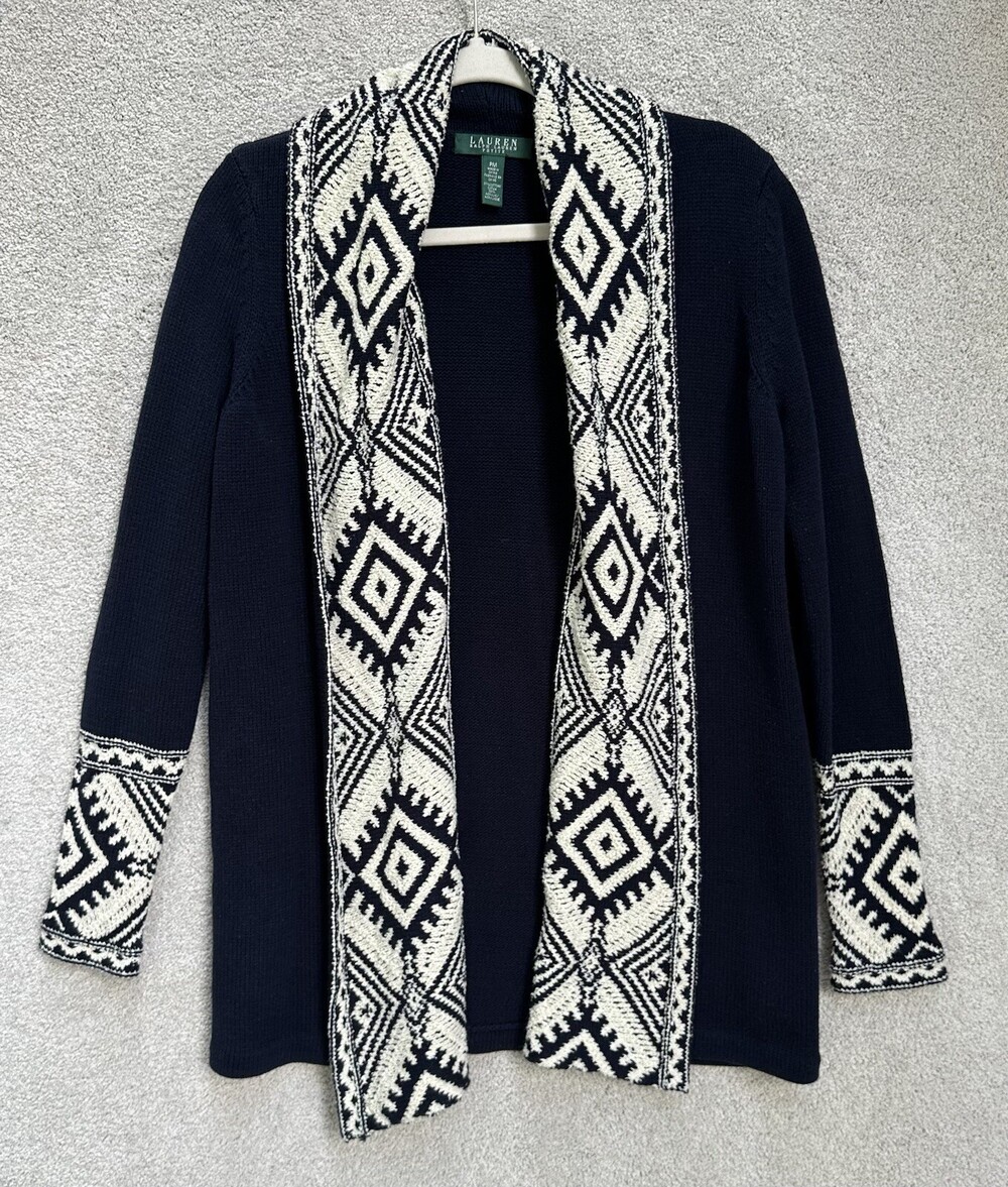 Lauren Ralph Lauren Topper Womens Petite Medium Blue White Open Aztec Cardigan